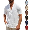 thumbnail image 1 of Men Short Sleeve Cotton Linen Henley T-Shirt Casual Solid Color Button-up V Neck Henley Shirt V Neck Tee Tops Size 3XL White, 1 of 6