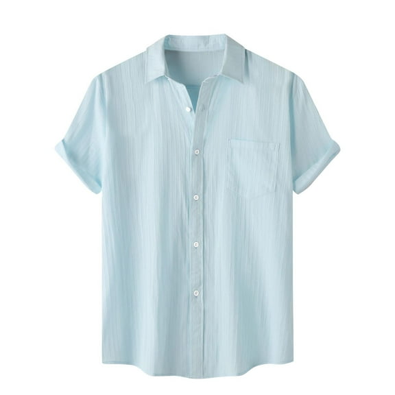 Men Short Sleeve Hawaiian Shirt Casual Trendy Solid Tops Button Down Lapel Blouse with Pocket Beach Outfits
