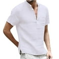 thumbnail image 1 of Men Short Sleeve Henley Shirt with Pocket Linen Button Up Stand Collar Summer Holiday Beach Hippie T Shirts, 1 of 2