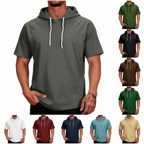 Men Short Sleeve Hoodie Breathable Athletic Hooded T Shirts Summer Gym Workout Pullover Hoodies with pockets Dark Gray XL