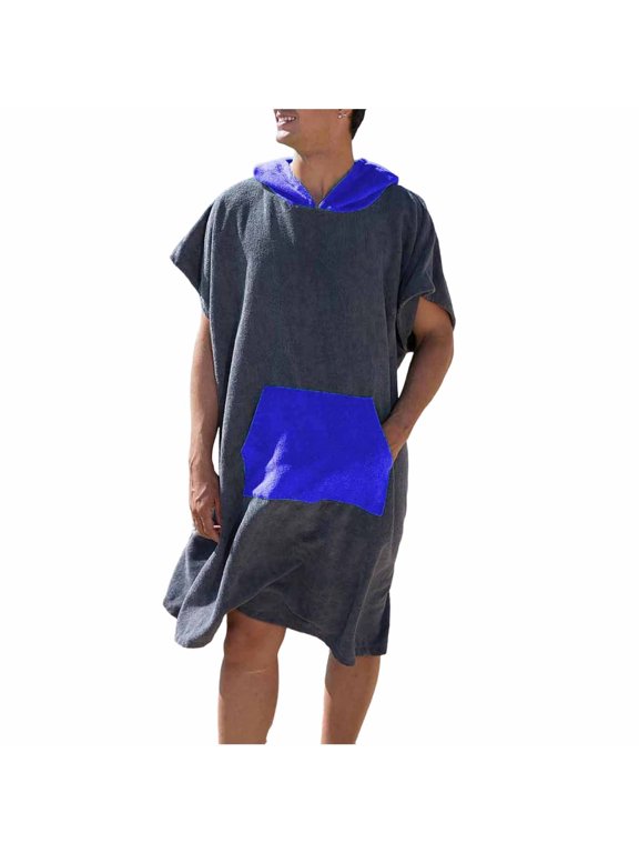 Men Short Sleeve Oversized Robe Color Block Pullover Hood Towel Changing Robe with Pocket for Surf Beach Pool Swim Blue One Size