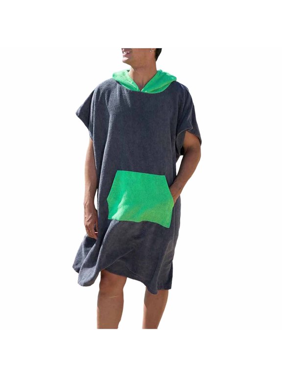 Men Short Sleeve Oversized Robe Color Block Pullover Hood Towel Changing Robe with Pocket for Surf Beach Pool Swim Green One Size