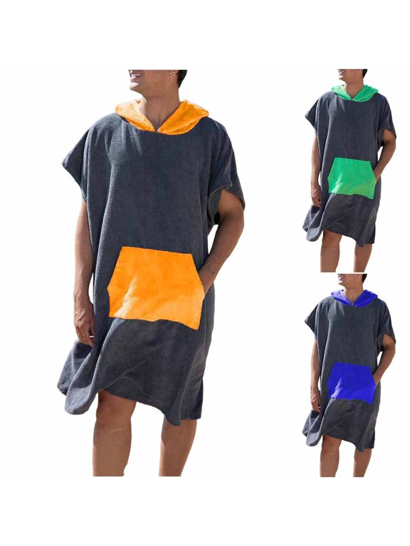 Men Short Sleeve Oversized Robe Color Block Pullover Hood Towel Changing Robe with Pocket for Surf Beach Pool Swim Orange One Size