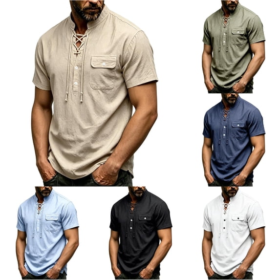 Men Short Sleeve Pirate Shirt Lace up Medieval Top with Pocket Pirate Costume Halloween Cosplay Mens Halloween Costume, Size M