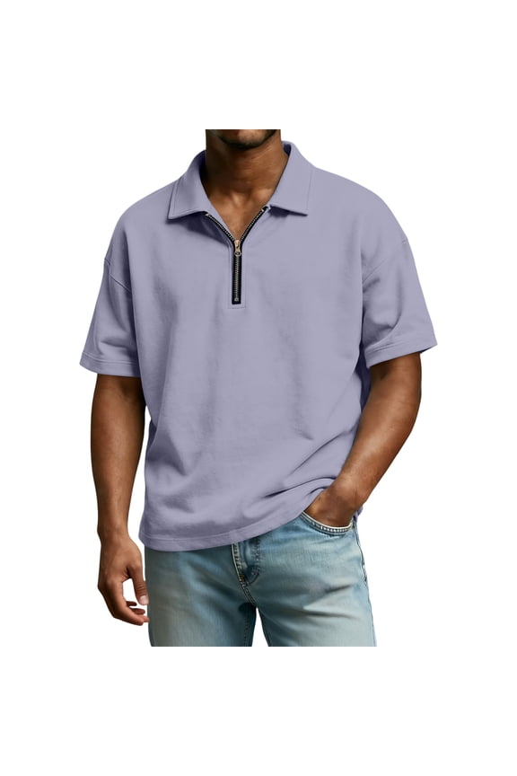 Men Short Sleeve Polo Shirt with Half Zip Casual Lapel Collar Relaxed Fit Soft Fabric Top for Everyday Wear Light Purple L