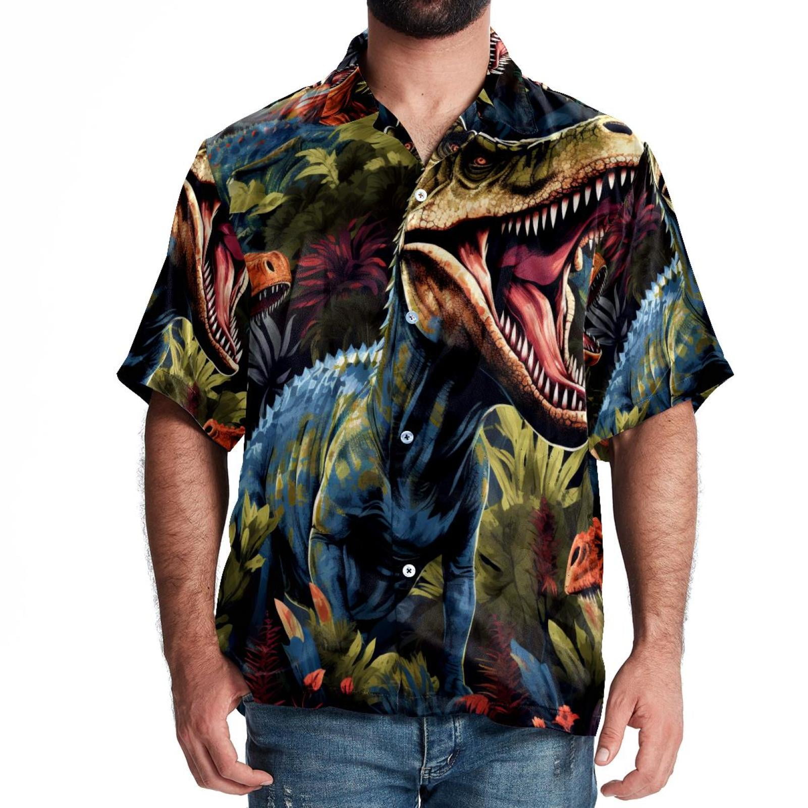 Men Short Sleeve Shirt Top Blouse Fun Art Dinosaur Pattern Regular Fit