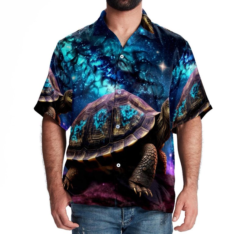 Men Short Sleeve Shirt Top Blouse Milky Way Glitter Turtle Regular 