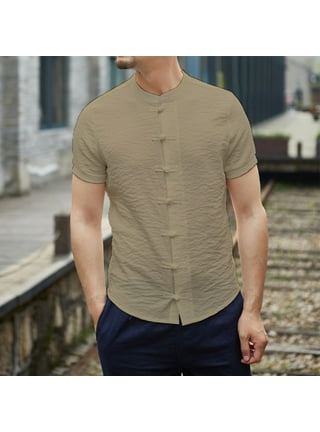 Modern Men's Short Sleeve Mandarin Collar Slim Fit Shirt Chinese Frog  Button