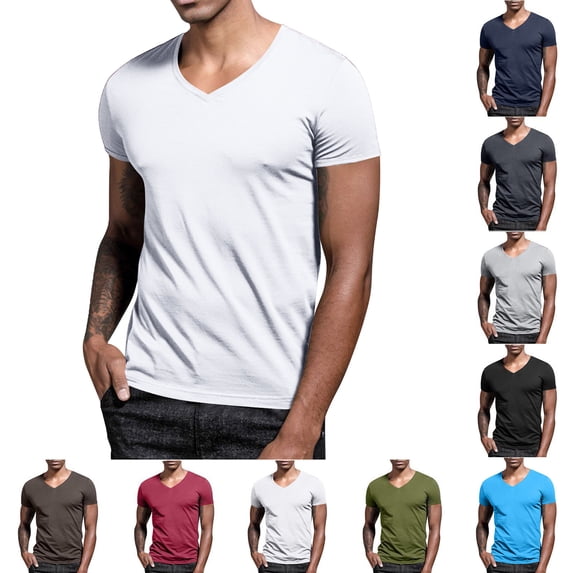 Men Short Sleeve Shirts Summer Men's Casual Fashion Solid Color Short Sleeved V-neck Top/Shirt White M