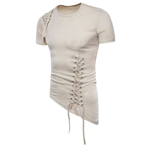 Men Short Sleeve Slim Fit Vintage Drawstring Lace Up Shirts Solid Color Irregular Design T-shirt