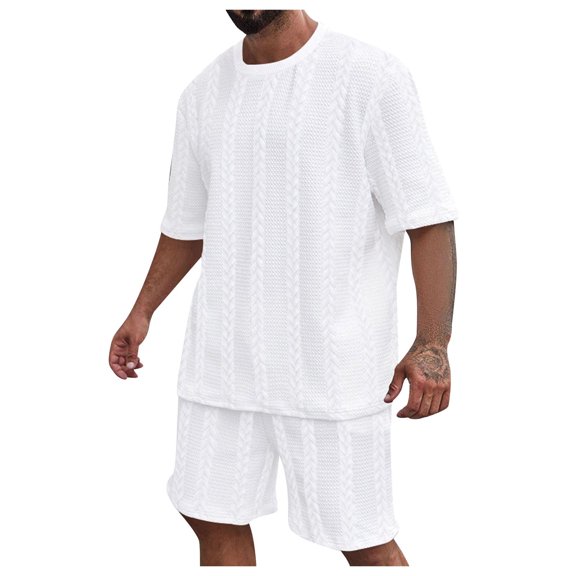 Men Short Sleeve Suit Summer Solid Color Jacquard Casual Short Sleeve Shorts Suit