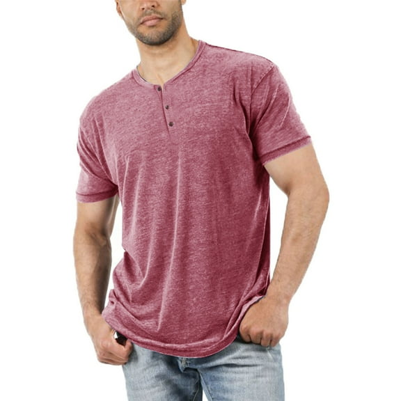 Men Short Sleeve T-Shirt Casual Solid Color Henley Tops