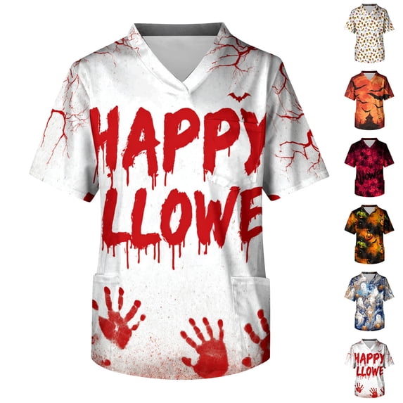 Men Short Sleeve V Neck Halloween Print Chest Pocket Scrub Top Comfortable Loose Fit Workwear Shirt