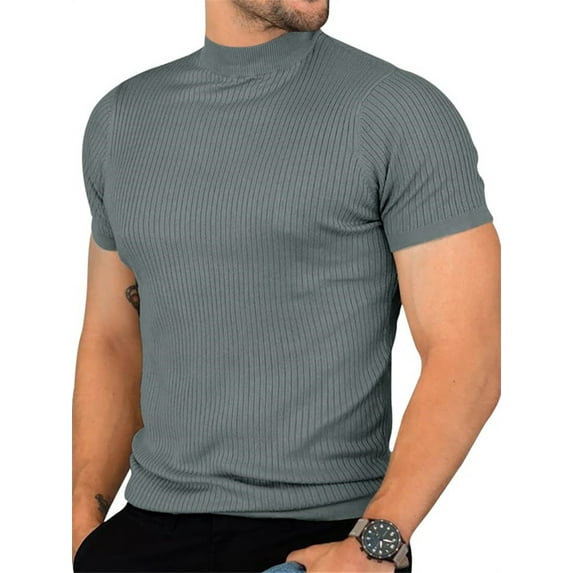Men Short Sleeved Slim Funnel Neck Knit Pullover Tops