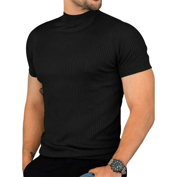 Men Short Sleeved Slim Funnel Neck Knit Pullover Tops