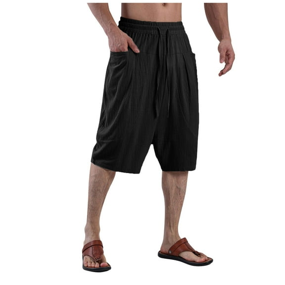 Men Shorts Cropped Pants Solid Color Summer Absorbent Shorts Large Pocket Black XL