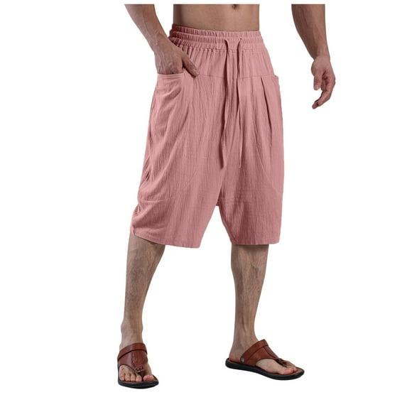 Men Shorts Cropped Pants Solid Color Summer Absorbent Shorts Large Pocket Red S