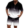 thumbnail image 1 of Men Shorts Outfit Gradient Ombre Waffle Knit 2 Piece Set,Zip Polo With Los Angeles Letter Print & Drawstring Black XXL, 1 of 4