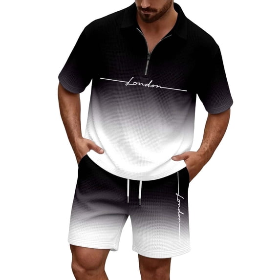Men Shorts Outfit Gradient Ombre Waffle Knit 2 Piece Set,Zip Polo With Los Angeles Letter Print & Drawstring Black XXXXXXL