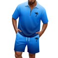 thumbnail image 1 of Men Shorts Outfit Gradient Ombre Waffle Knit 2 Piece Set,Zip Polo With Los Angeles Letter Print & Drawstring Blue XXXXXXL, 1 of 4