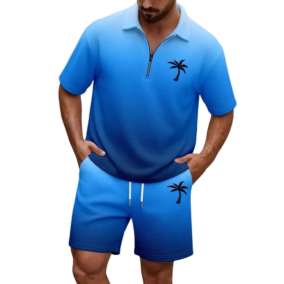 Men Shorts Outfit Gradient Ombre Waffle Knit 2 Piece Set,Zip Polo With Los Angeles Letter Print & Drawstring Blue XXXXXXL