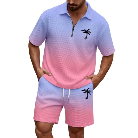 Men Shorts Outfit Gradient Ombre Waffle Knit 2 Piece Set,Zip Polo With Los Angeles Letter Print & Drawstring Purple XXL