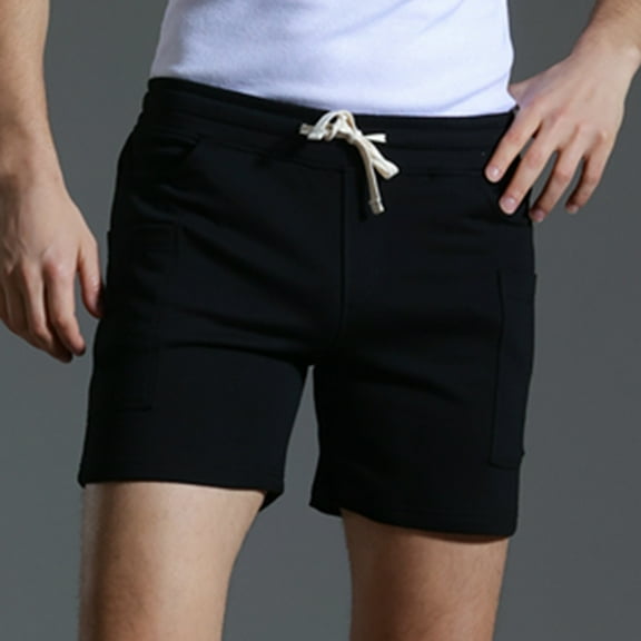 Men Shorts Solid Fashion Pockets Cotton Sports Elastic Mid-waist Lace-up Shorts Chores Para Hombre Black L