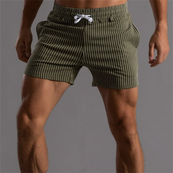 Men Shorts Stripe Printed Casual Drawstring Pockets Elastic Sports Shorts Chores Para Hombre Army Green L
