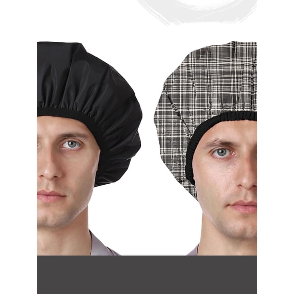 Men Shower Cap Reusable Waterproof, Dual-Layer Design, Double-Sided Use, Protects Hair, Adjustable Elastic for Comfortable Fit (Black Plaid)