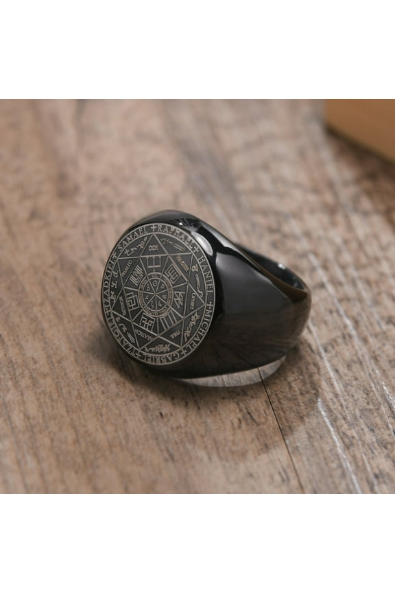Men Signet Rings, Mens Amulet Ring,Solomon's Secret Seal Horse Seal of the seven archangels 14K Black Gold Ring Jewelry