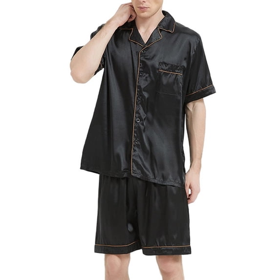 Men Silk Pajamas Set 2 Piece Pjs Soft Satin Sleepwear Shorts Button Down Tops Loungewear with Pockets Big and Tall Size L-4XL Black