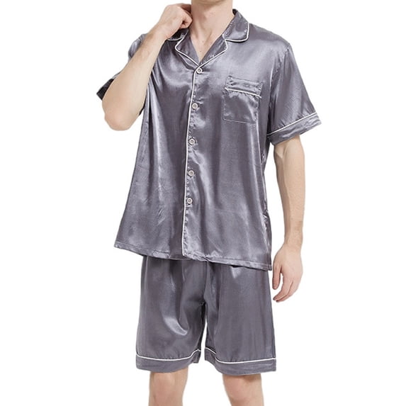 Men Silk Pajamas Set 2 Piece Pjs Soft Satin Sleepwear Shorts Button Down Tops Loungewear with Pockets Big and Tall Size L-4XL Gray