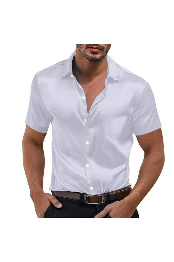 Men Silk Satin Dress Shirt Short Sleeve Casual Button Down Luxury Shiny Regular Fit Summer Wedding Party Top
