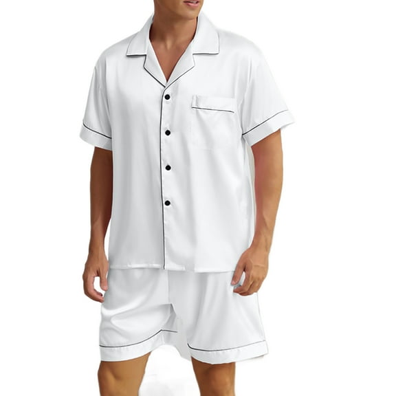 Men Silk Satin Pajamas Set Button Down Sleepwear Short Sleeve Pjs Set Solid Soft 2 Piece Lounge Set Nightwear with Pockets,White,2XL