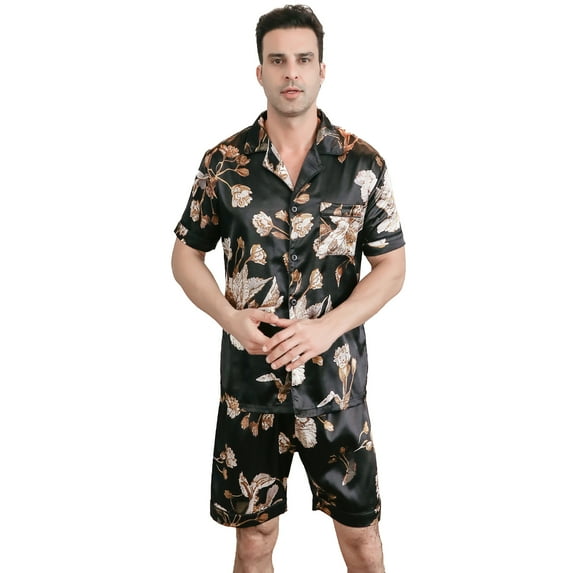 Men Silk Satin Pajamas Set Short Sleeve Button Down Sleepwear Loungewear with Pockets