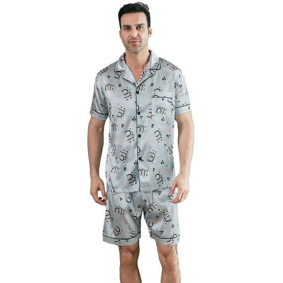 Men Silk Satin Pajamas Set Short Sleeve Button Down Sleepwear Loungewear with Pockets