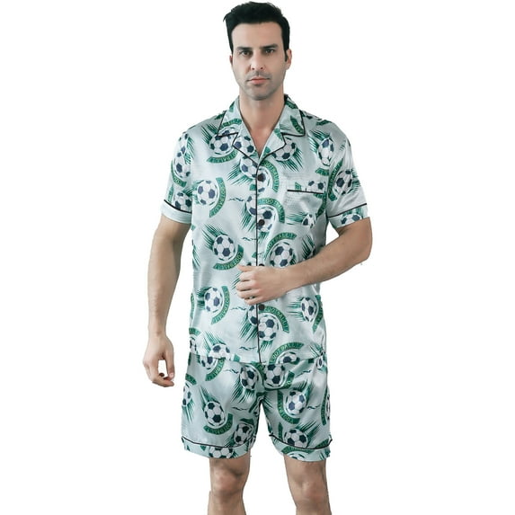 Men Silk Satin Pajamas Set Short Sleeve Button Down Sleepwear Loungewear with Pockets
