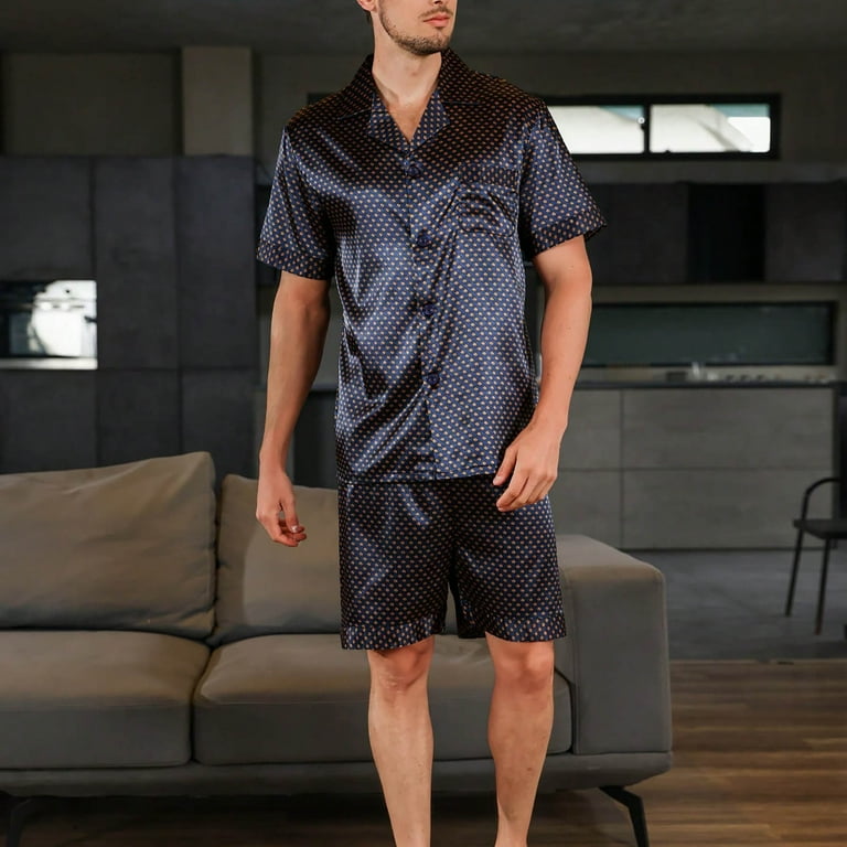 Men Silk Satin Pajamas Set qolati Button Down Sleepwear Short
