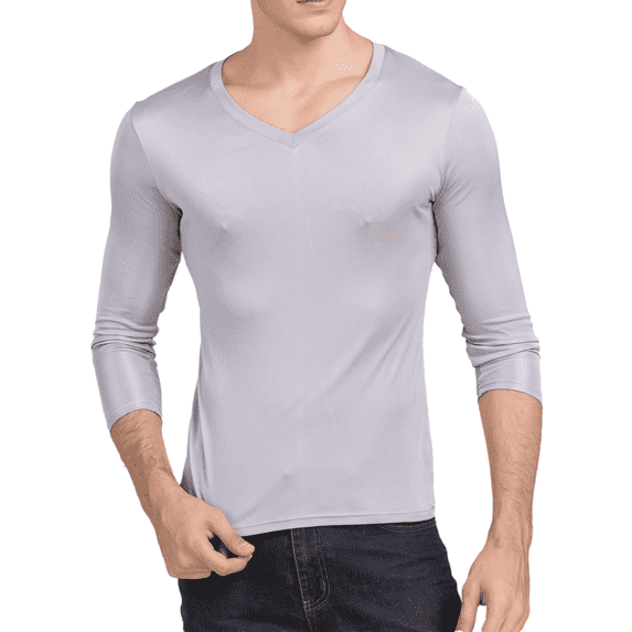 Men Silk Thermal Underwear Shirts V Neck Mulberry Silk Lightweight Long Johns Base Layer Tops