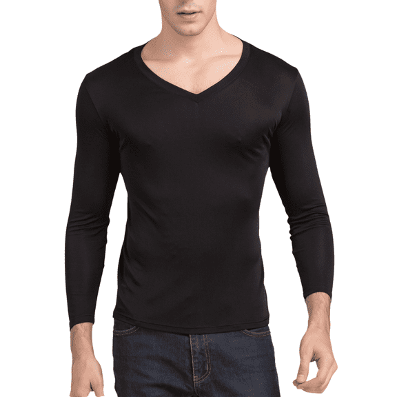 Men Silk Thermal Underwear Shirts V Neck Mulberry Silk Lightweight Long Johns Base Layer Tops