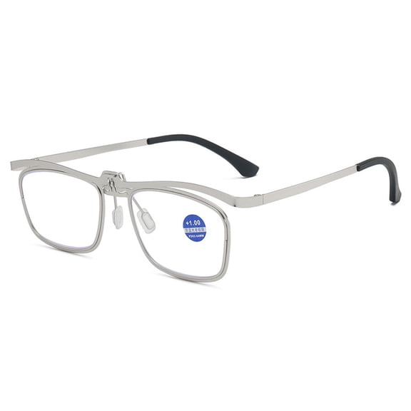 Men Silver Business Anti-blue Light Reading Gasses 1.50 Folding Flip-up Square Metal Readers +1.50