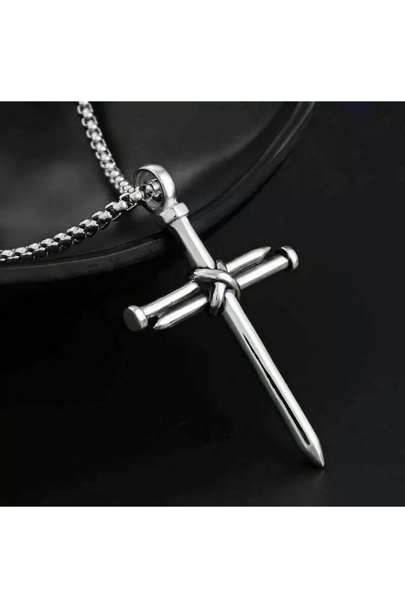 Men Silver Christ Jesus Nail Rope Cross Pendant Necklace Stainless Steel Chain