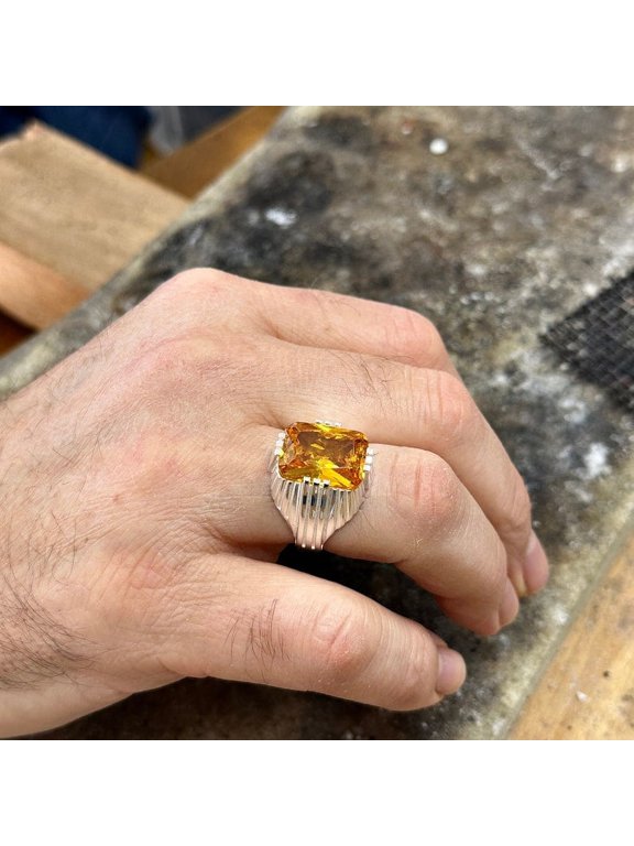 Men Silver Citrine Stone Ring , Men Square Citrine Ring, Yellow Stone Ring , Turkish Handmade Ring , Solid Silver 925k Sterling Silver
