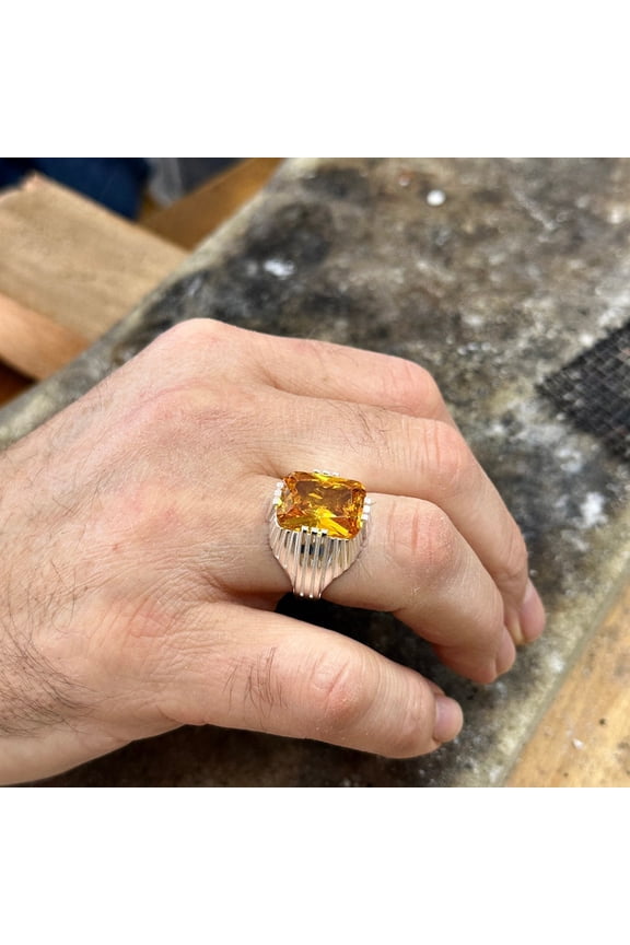 Men Silver Citrine Stone Ring , Men Square Citrine Ring, Yellow Stone Ring , Turkish Handmade Ring , Solid Silver 925k Sterling Silver
