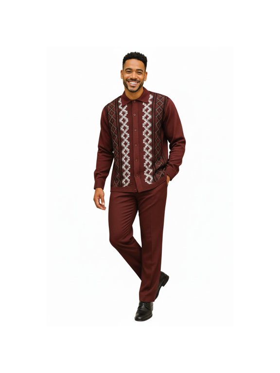 Men Silversilk 2pc Fancy walking leisure suit Italian woven knits 14010 Wine Fig
