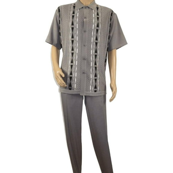 Men Silversilk 2pc Walking Leisure Matching Suit Italian Woven Knits 71032 Gray