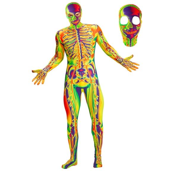 Men Skeleton Costume, Bones Vessels All-Over Printed Jumpsuit Bodysuit Hooded Mask 2 Pieces Set Outfits for Adult Man Halloween Carnival Dress Up Party Yellow Colorful XXL