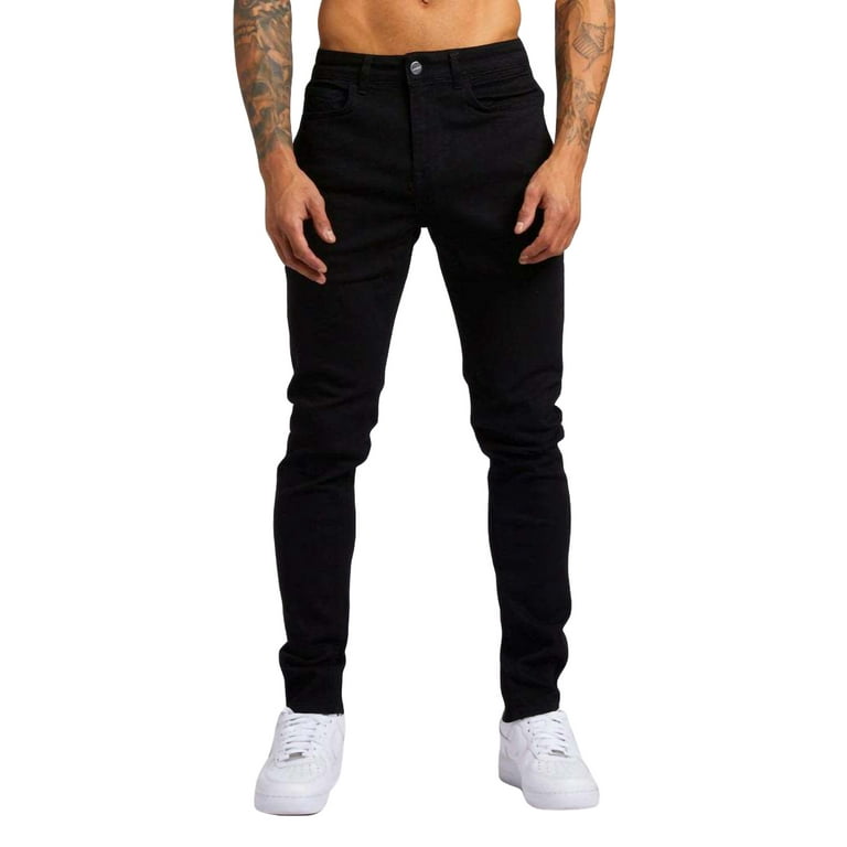 Men Skinny Jeans, Fashion Solid Low-Waist Slim-Fit Denim Pants Streetwear,  Light Blue/Black