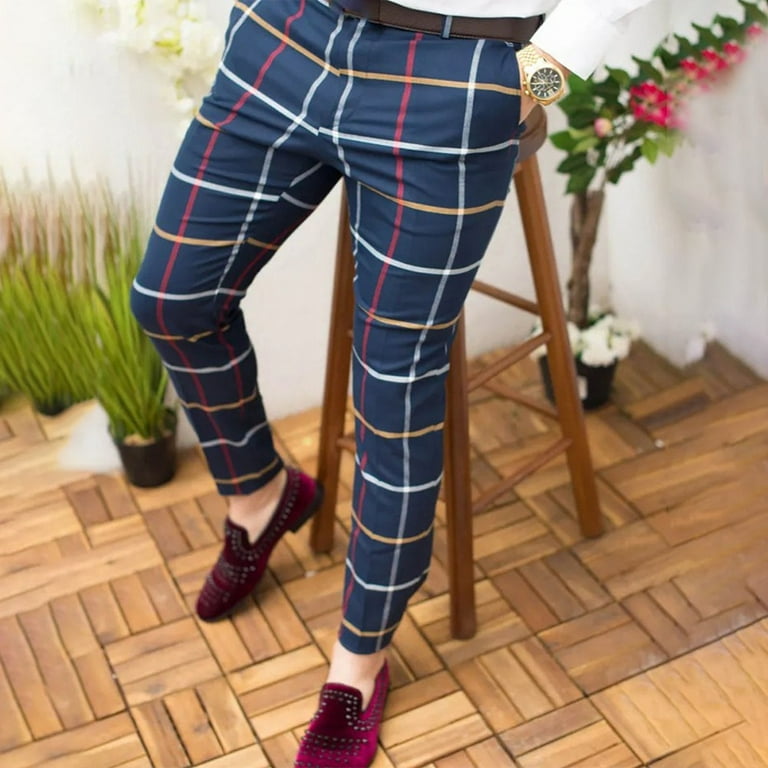 Men Skinny Plaid Printed Checkered Stretch Slim Trousers Casual