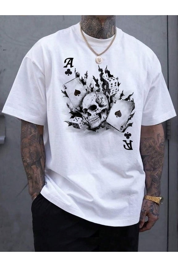 Men Skulls & Poker Cards Graphic Printed Short Sleeve T-Shirt, For Going Out, For Friends   S-5XL SIZE